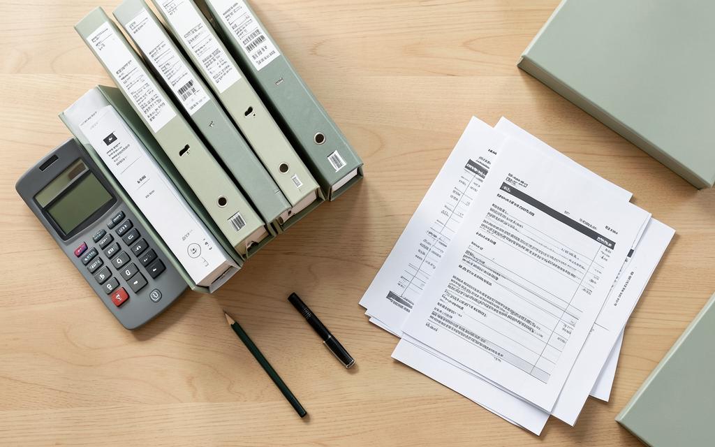 Organized ledgers and calculator on a desk